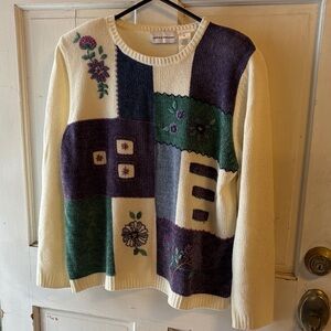 Alfred Dunner Cream and Purple Patchwork Sweater